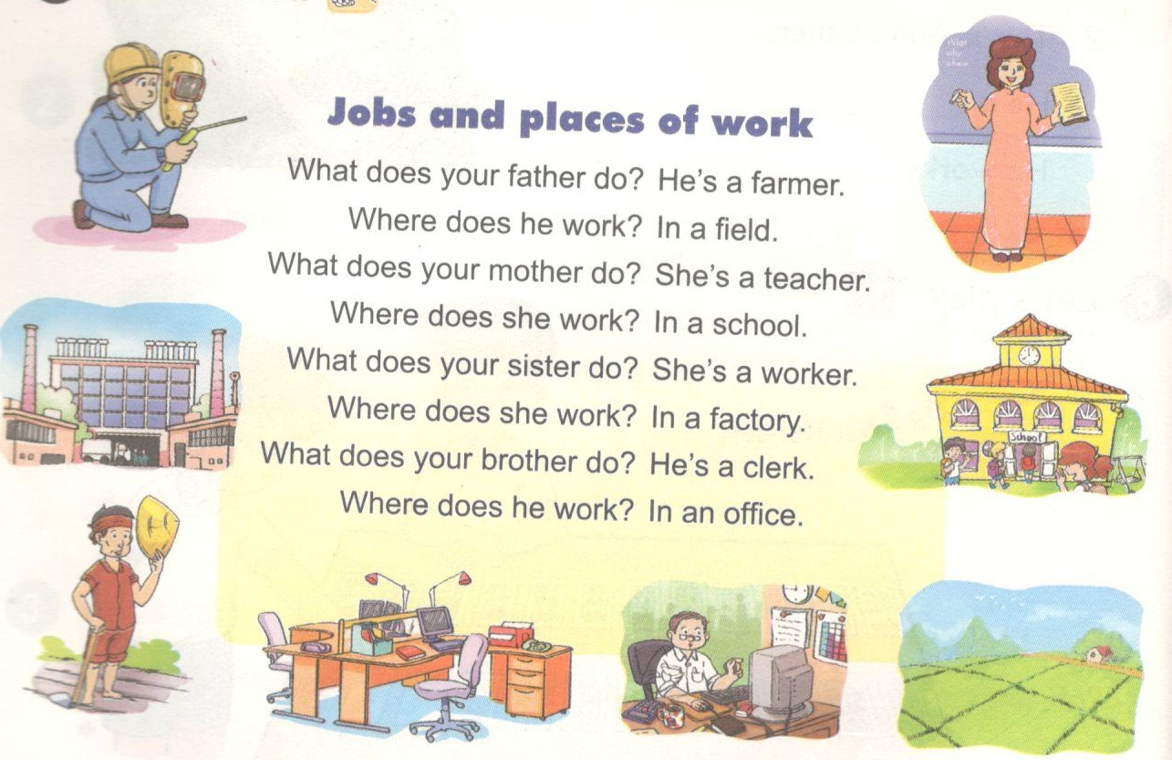 Does your sister work. Where does he work. What does your father do?. Where does your father work. Does your father to work?.