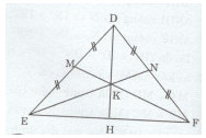 Bài 8 trang 176 Tài liệu dạy – học Toán 7 tập 1, Cho tam giác DEF cân tại  D. Gọi M là trung điểm của DE, N là trung điểm của DF.