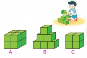Bài 4 trang 39 Toán 2 tập 1 Kết nối tri thức: Một bạn đã xếp các khối lập  phương nhỏ thành ba hình A, B, C